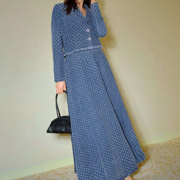 Blue Elegant Womens Denim Jacquard Lapel Collar Raw Edge Jacket & Maxi Skirt Set - Picture 4 of 7